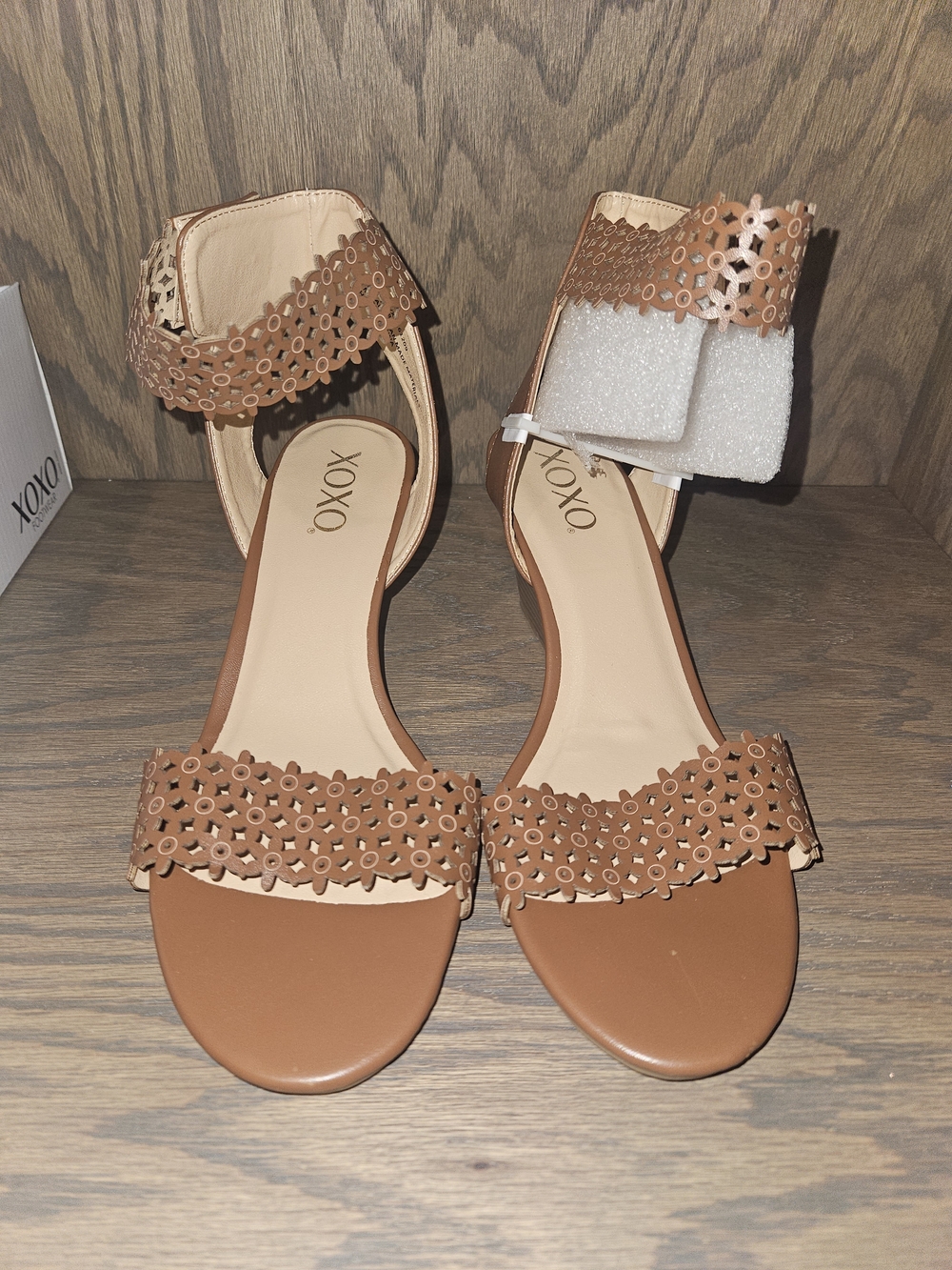 Brand New. XOXO Tan Perforated Ankle-Strap Sandals